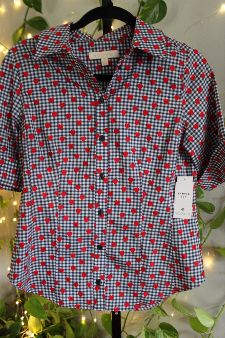 Etcetera Heart Print Gingham Button-Up Shirt | Fits XS–Small | MSRP $249 ❤️